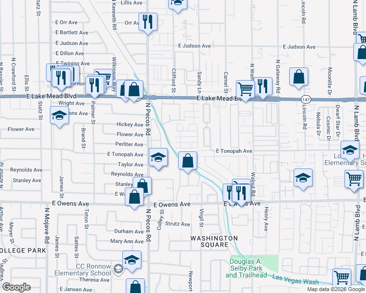 map of restaurants, bars, coffee shops, grocery stores, and more near 3649 Via Margarita Avenue in Las Vegas