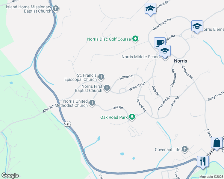 map of restaurants, bars, coffee shops, grocery stores, and more near 145 West Norris Road in Norris