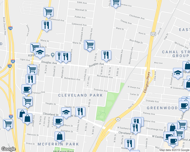 map of restaurants, bars, coffee shops, grocery stores, and more near 1118 North 6th Street in Nashville