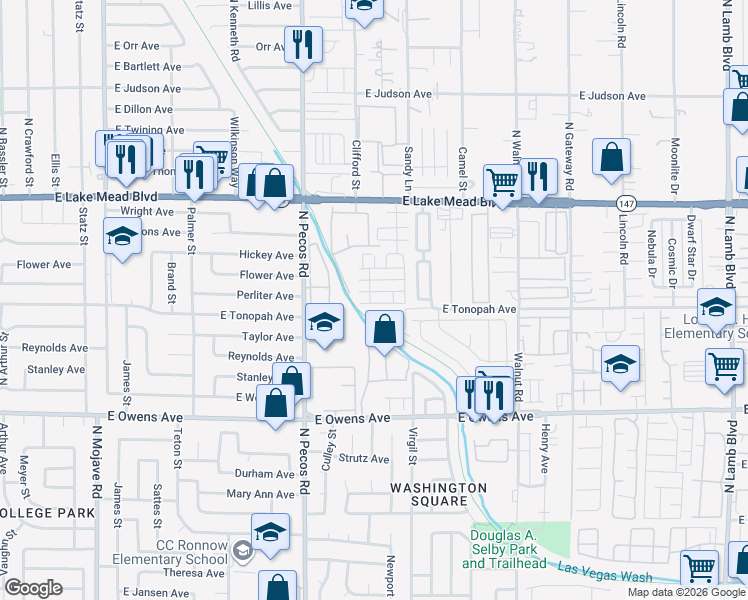 map of restaurants, bars, coffee shops, grocery stores, and more near 3649 Via Margarita Avenue in Las Vegas