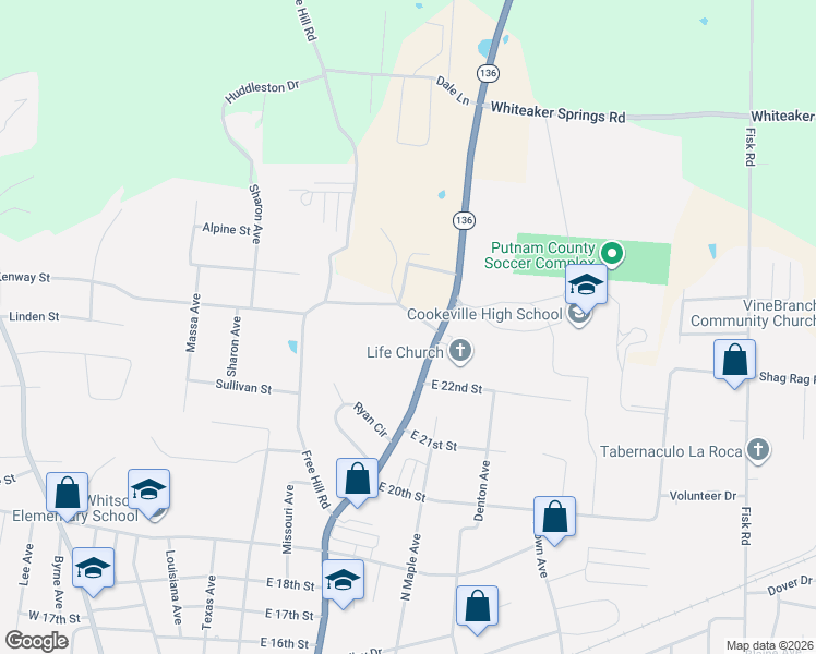 map of restaurants, bars, coffee shops, grocery stores, and more near 311 Choate Cemetery Road in Cookeville