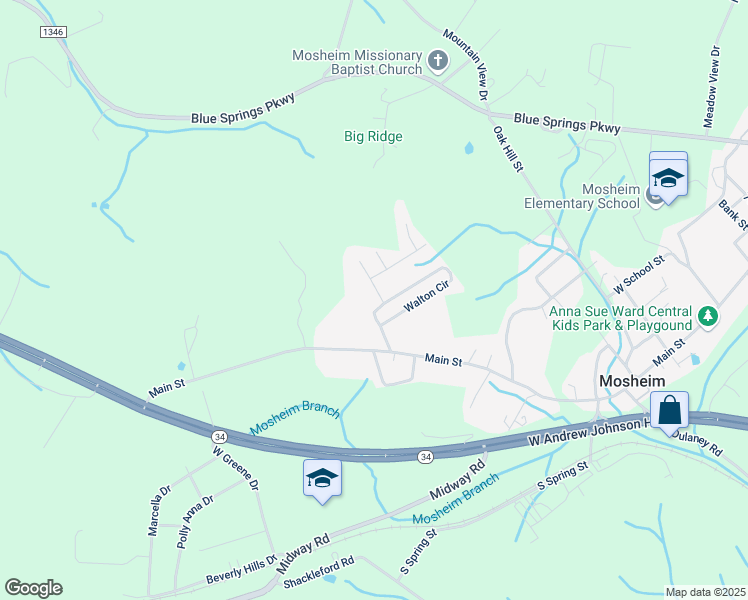 map of restaurants, bars, coffee shops, grocery stores, and more near 115 Westerly Drive in Mosheim