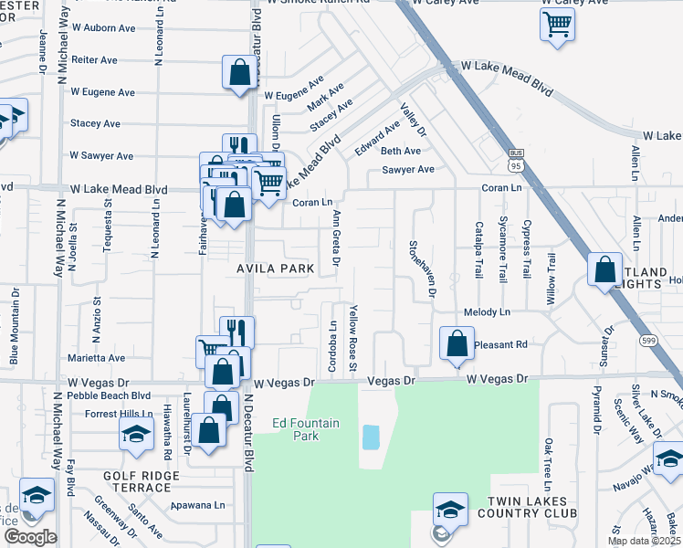 map of restaurants, bars, coffee shops, grocery stores, and more near 1817 Ann Greta Drive in Las Vegas