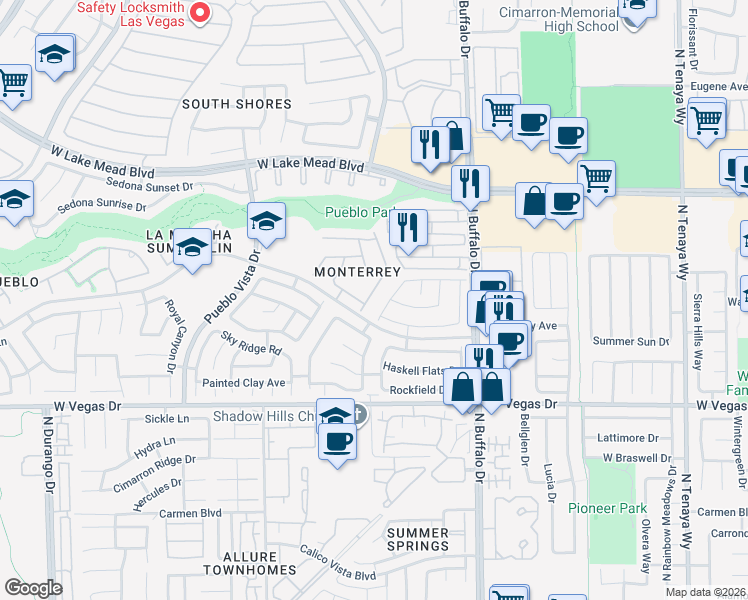 map of restaurants, bars, coffee shops, grocery stores, and more near 1716 Jack Rabbit Way in Las Vegas