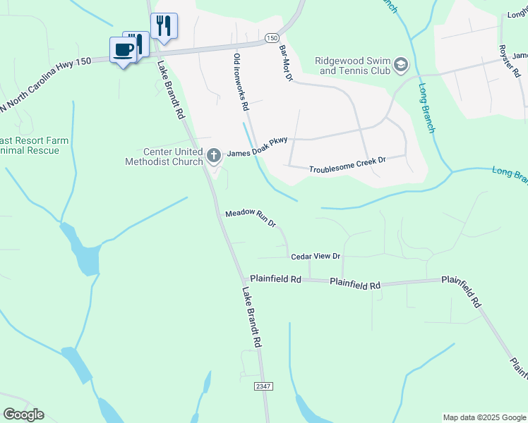 map of restaurants, bars, coffee shops, grocery stores, and more near 2170 Meadow Run Drive in Greensboro