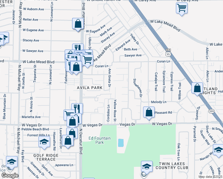 map of restaurants, bars, coffee shops, grocery stores, and more near 1817 Ann Greta Drive in Las Vegas