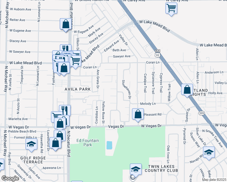 map of restaurants, bars, coffee shops, grocery stores, and more near 4444 Denia Circle in Las Vegas