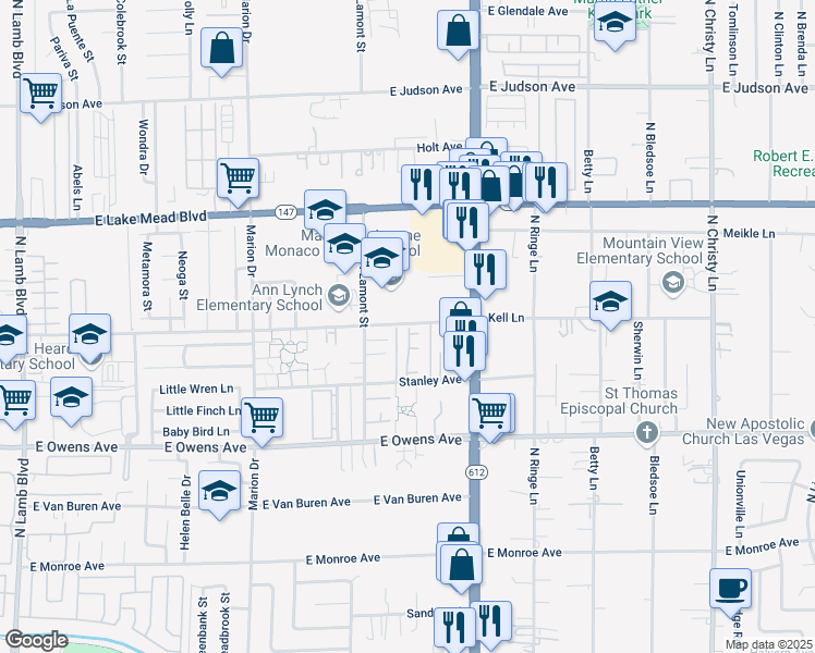 map of restaurants, bars, coffee shops, grocery stores, and more near 9 Kell Lane in Las Vegas
