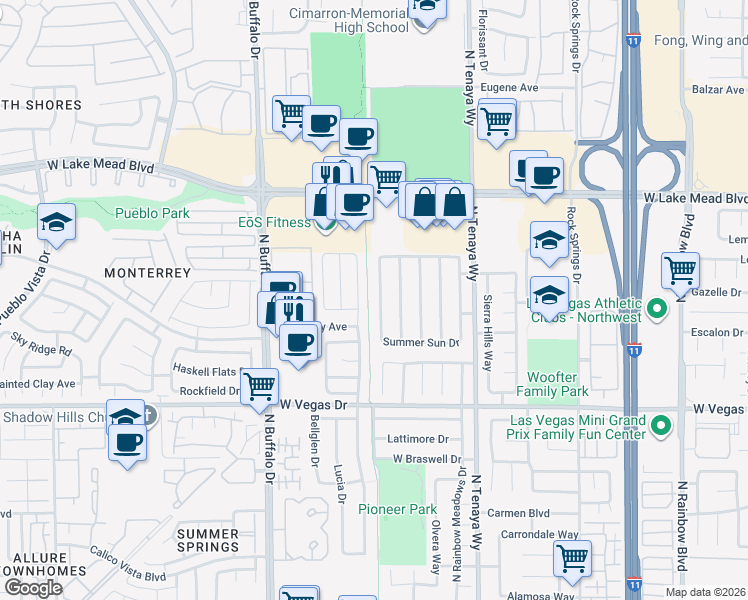 map of restaurants, bars, coffee shops, grocery stores, and more near 1801 Navajo Lake Way in Las Vegas