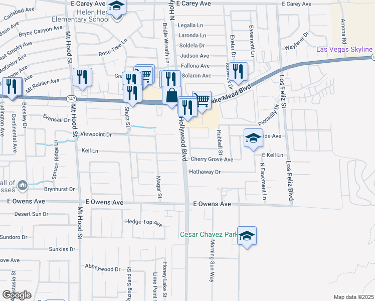 map of restaurants, bars, coffee shops, grocery stores, and more near 1835 Priscilla Street in Las Vegas