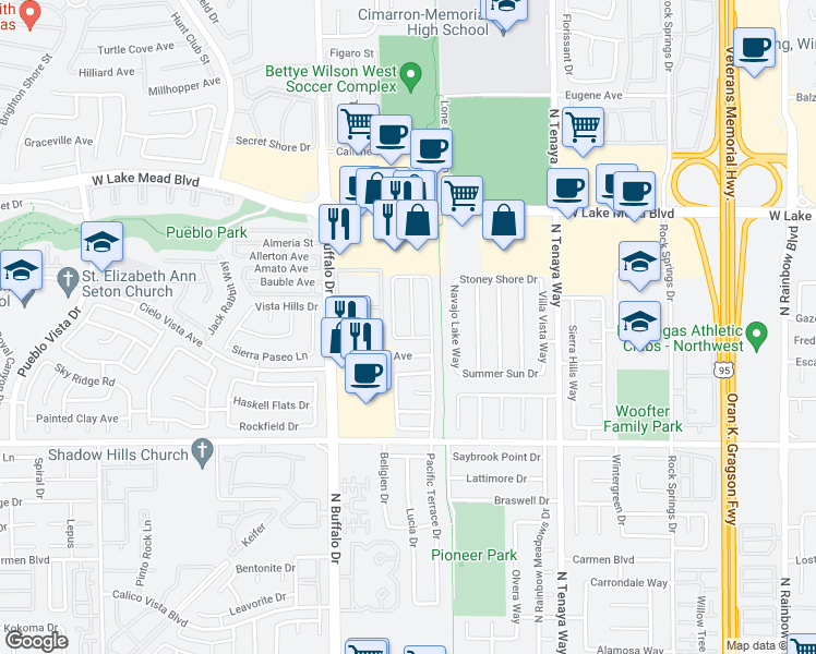 map of restaurants, bars, coffee shops, grocery stores, and more near 1805 Battle Born Drive in Las Vegas