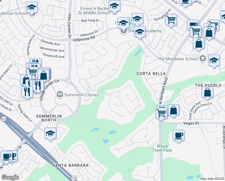 map of restaurants, bars, coffee shops, grocery stores, and more near 9040 Thornbury Lane in Las Vegas