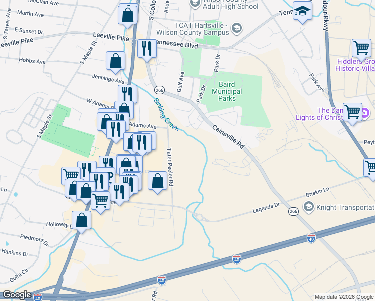 map of restaurants, bars, coffee shops, grocery stores, and more near 607 Tater Peeler Road in Lebanon