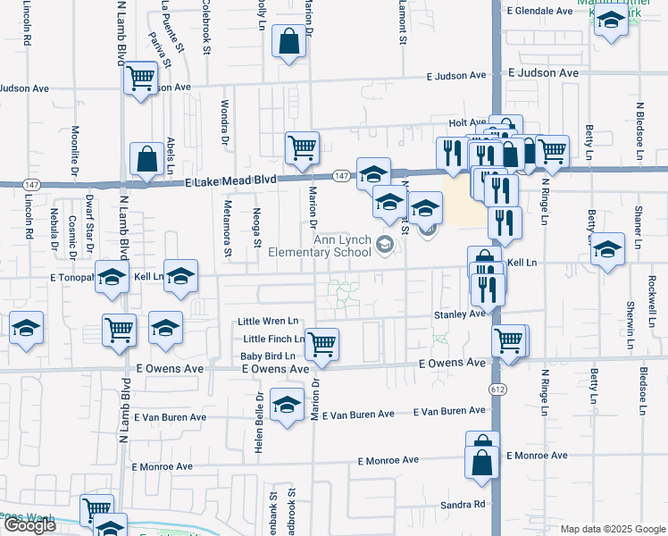 map of restaurants, bars, coffee shops, grocery stores, and more near 21 Kell Lane in Las Vegas