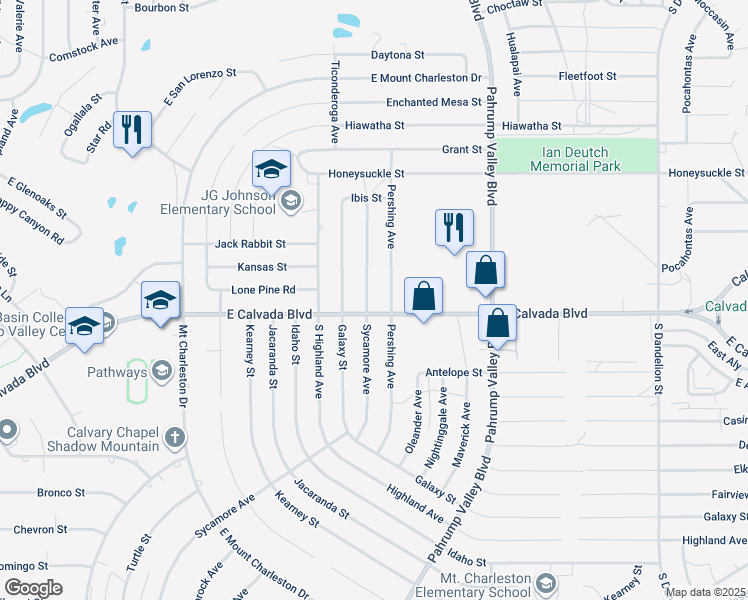 map of restaurants, bars, coffee shops, grocery stores, and more near 1100 East Calvada Boulevard in Pahrump