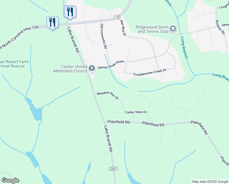 map of restaurants, bars, coffee shops, grocery stores, and more near 2170 Meadow Run Drive in Greensboro