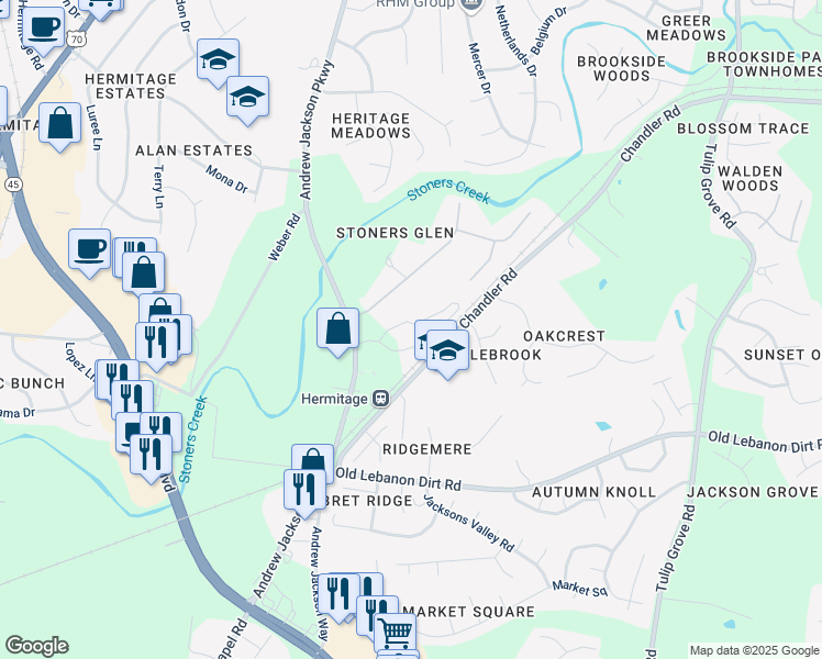 map of restaurants, bars, coffee shops, grocery stores, and more near 4131 Andrew Jackson Parkway in Nashville