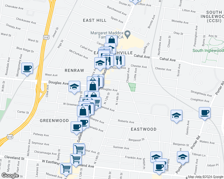 map of restaurants, bars, coffee shops, grocery stores, and more near 1306 Douglas Avenue in Nashville