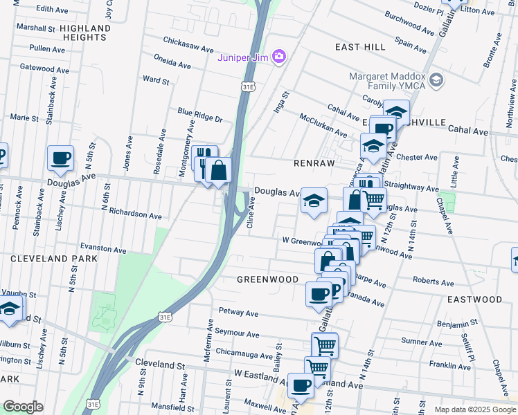 map of restaurants, bars, coffee shops, grocery stores, and more near 1209 Cline Avenue in Nashville