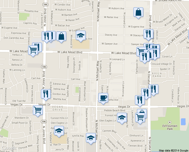 map of restaurants, bars, coffee shops, grocery stores, and more near 1831 North Michael Way in Las Vegas