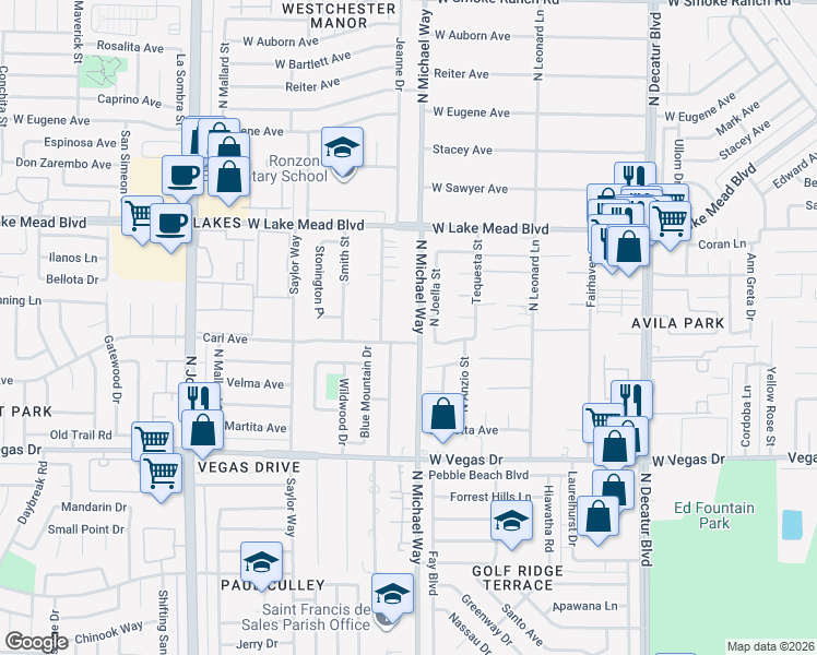 map of restaurants, bars, coffee shops, grocery stores, and more near 1831 North Michael Way in Las Vegas