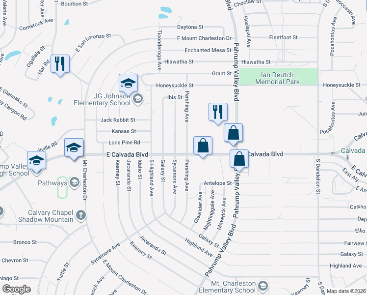 map of restaurants, bars, coffee shops, grocery stores, and more near 1100 East Calvada Boulevard in Pahrump