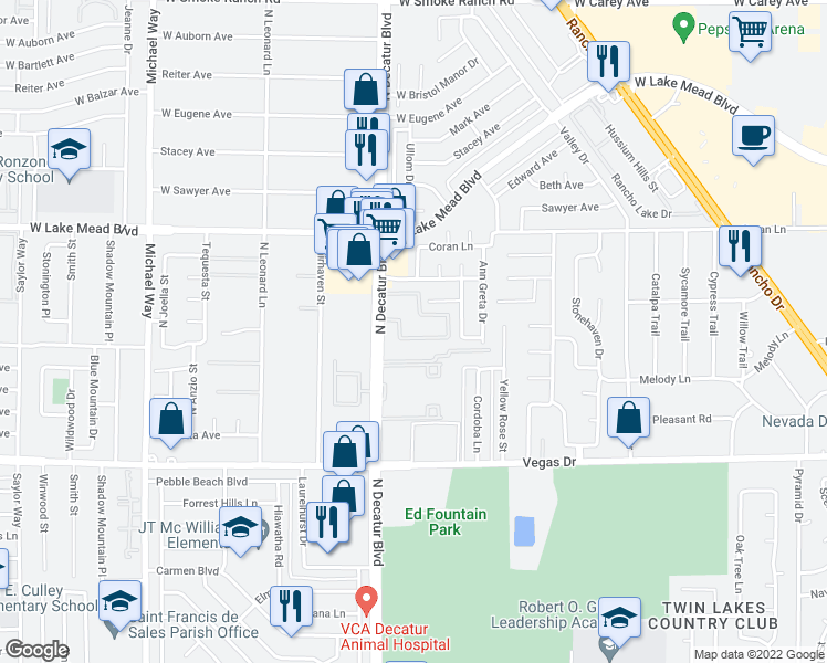 map of restaurants, bars, coffee shops, grocery stores, and more near 1824 North Decatur Boulevard in Las Vegas