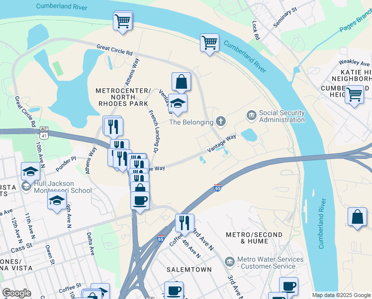 map of restaurants, bars, coffee shops, grocery stores, and more near 44 Vantage Way in Nashville