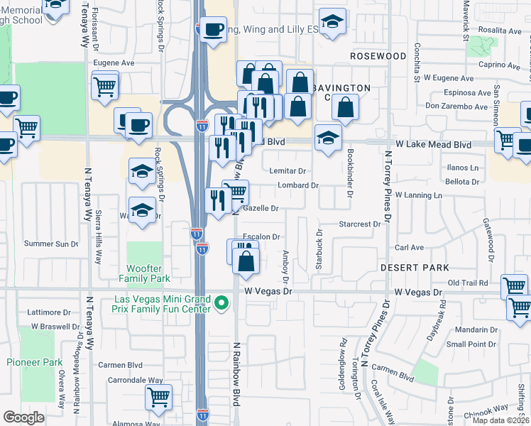 map of restaurants, bars, coffee shops, grocery stores, and more near 6633 Gazelle Drive in Las Vegas