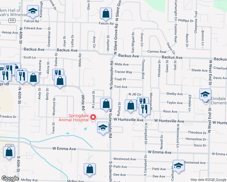 map of restaurants, bars, coffee shops, grocery stores, and more near 707 North Gutensohn Road in Springdale