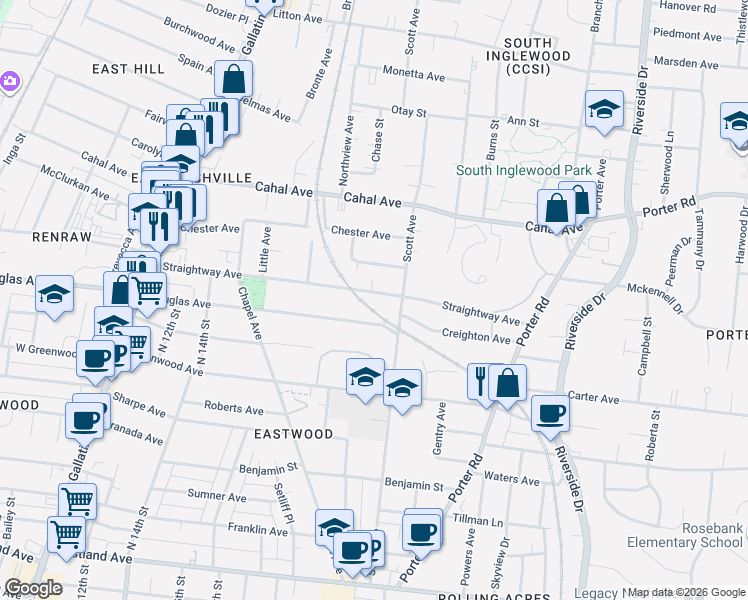 map of restaurants, bars, coffee shops, grocery stores, and more near 1611 Douglas Avenue in Nashville