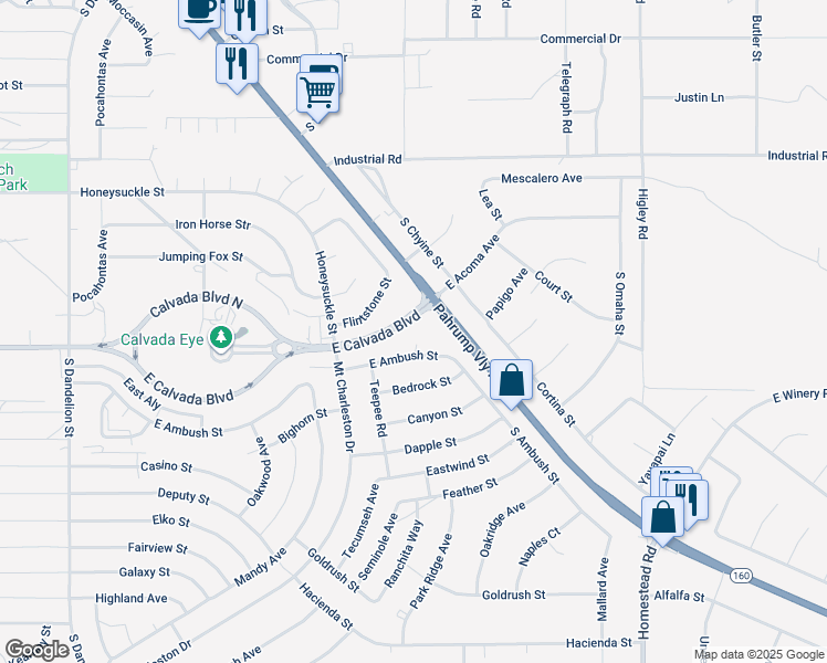 map of restaurants, bars, coffee shops, grocery stores, and more near 2501 East Calvada Boulevard in Pahrump