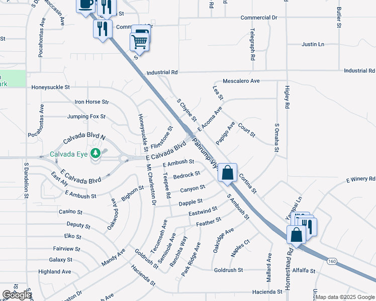 map of restaurants, bars, coffee shops, grocery stores, and more near 2501 East Calvada Boulevard in Pahrump