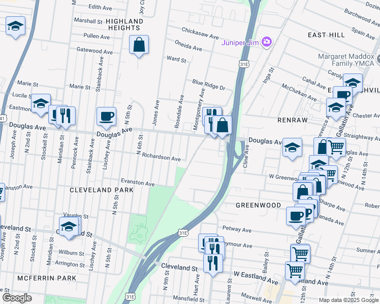 map of restaurants, bars, coffee shops, grocery stores, and more near 1205 Montgomery Avenue in Nashville