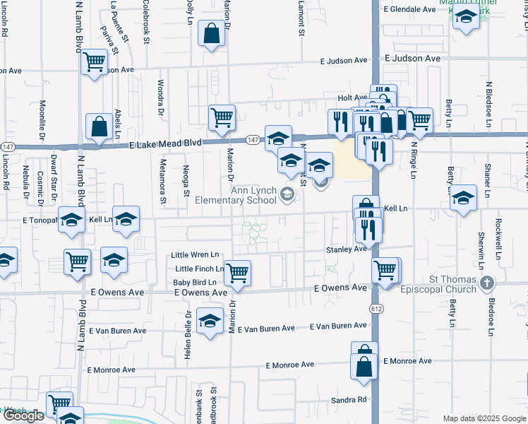 map of restaurants, bars, coffee shops, grocery stores, and more near 21 Kell Lane in Las Vegas