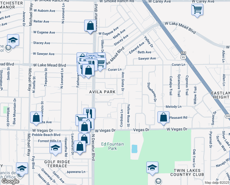 map of restaurants, bars, coffee shops, grocery stores, and more near 1820 Ridgefield Drive in Las Vegas