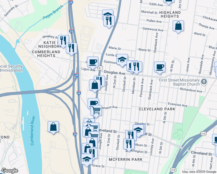 map of restaurants, bars, coffee shops, grocery stores, and more near 1204 North 2nd Street in Nashville
