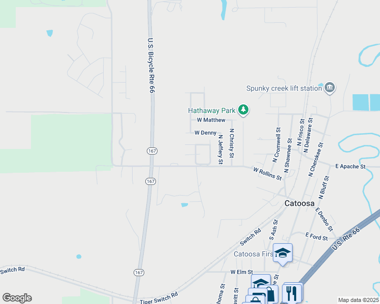 map of restaurants, bars, coffee shops, grocery stores, and more near 523 Chief Stand Waite Court in Catoosa