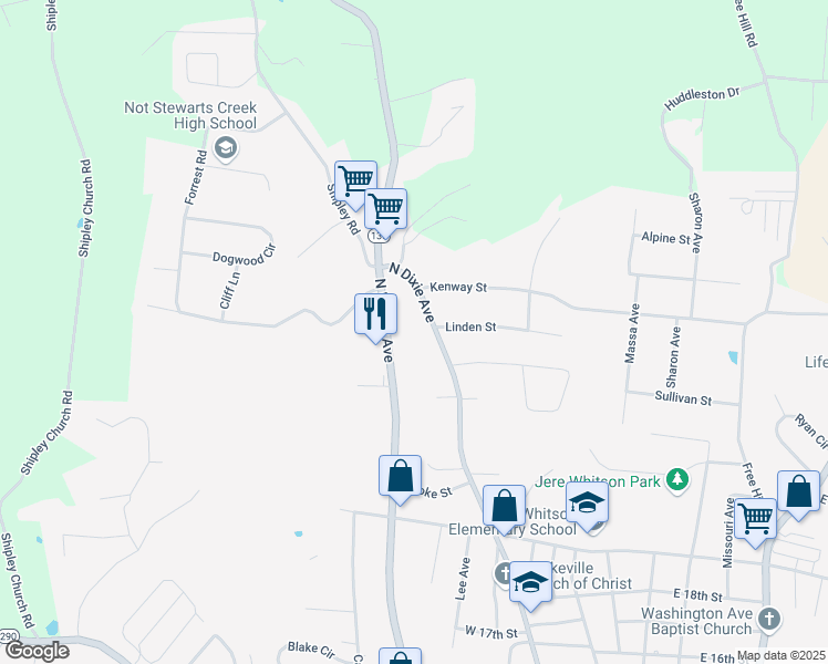 map of restaurants, bars, coffee shops, grocery stores, and more near 2037 North Willow Avenue in Cookeville