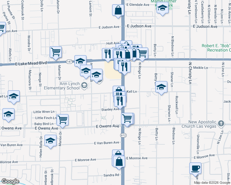 map of restaurants, bars, coffee shops, grocery stores, and more near 5039 Kell Lane in Las Vegas