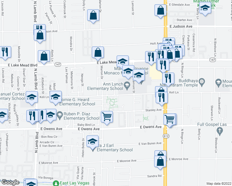 map of restaurants, bars, coffee shops, grocery stores, and more near 21 Kell Lane in Las Vegas
