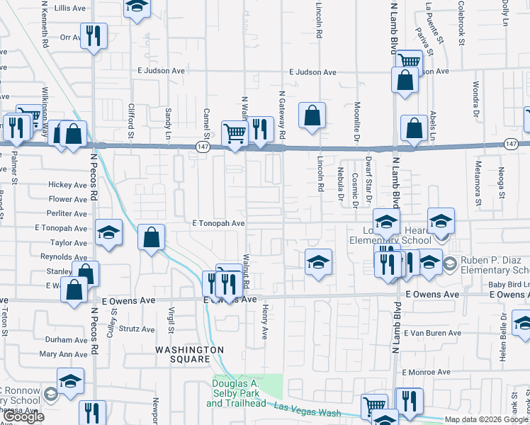 map of restaurants, bars, coffee shops, grocery stores, and more near 1757 North Gateway Road in Las Vegas
