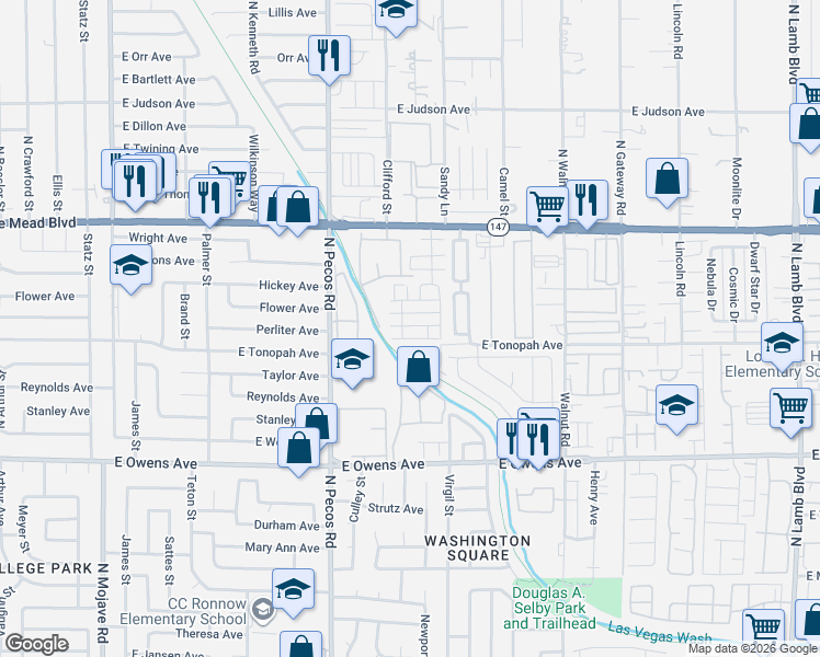 map of restaurants, bars, coffee shops, grocery stores, and more near 3649 Via Margarita Avenue in Las Vegas