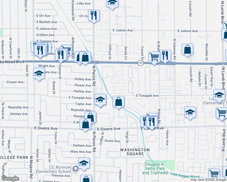 map of restaurants, bars, coffee shops, grocery stores, and more near 3649 Via Margarita Avenue in Las Vegas