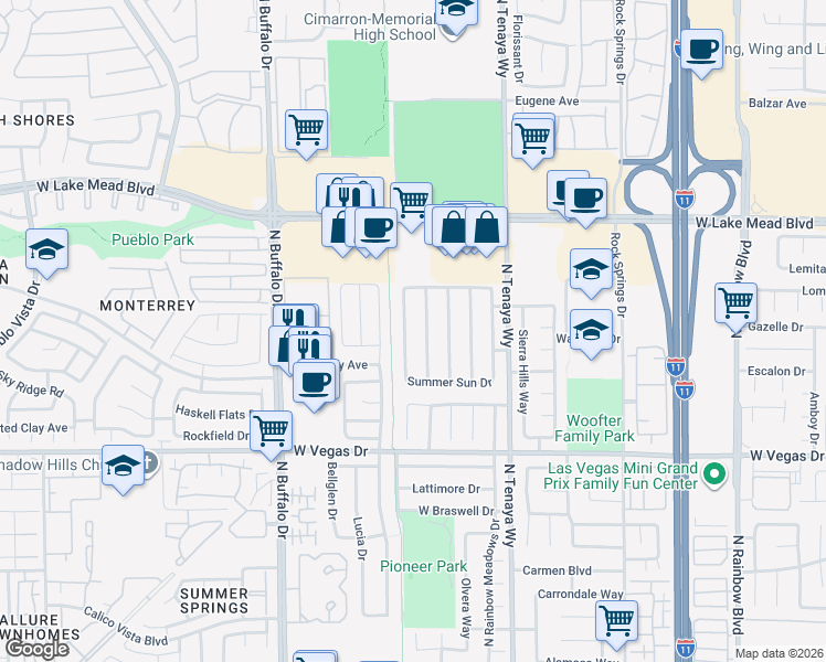 map of restaurants, bars, coffee shops, grocery stores, and more near 1801 Navajo Lake Way in Las Vegas