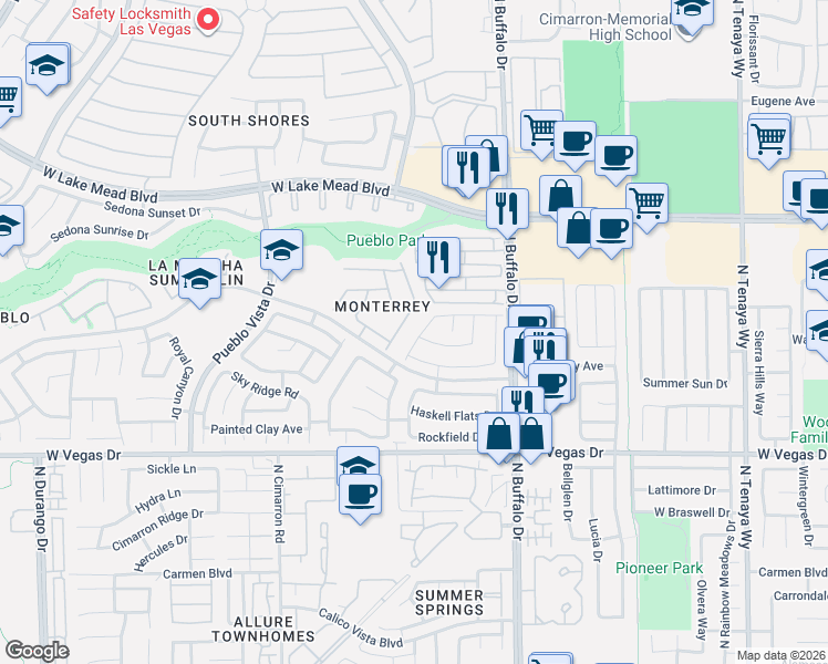map of restaurants, bars, coffee shops, grocery stores, and more near 1713 Park Mesa Lane in Las Vegas