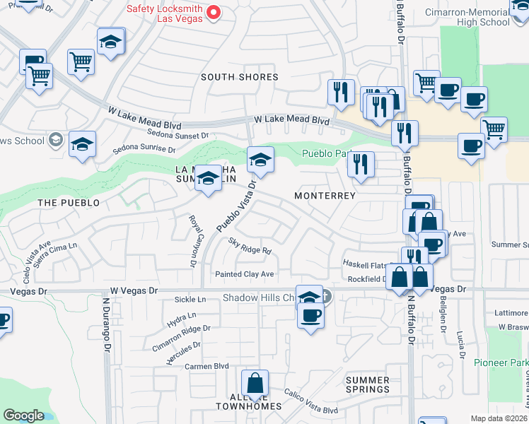 map of restaurants, bars, coffee shops, grocery stores, and more near 8001 Verde Springs Drive in Las Vegas