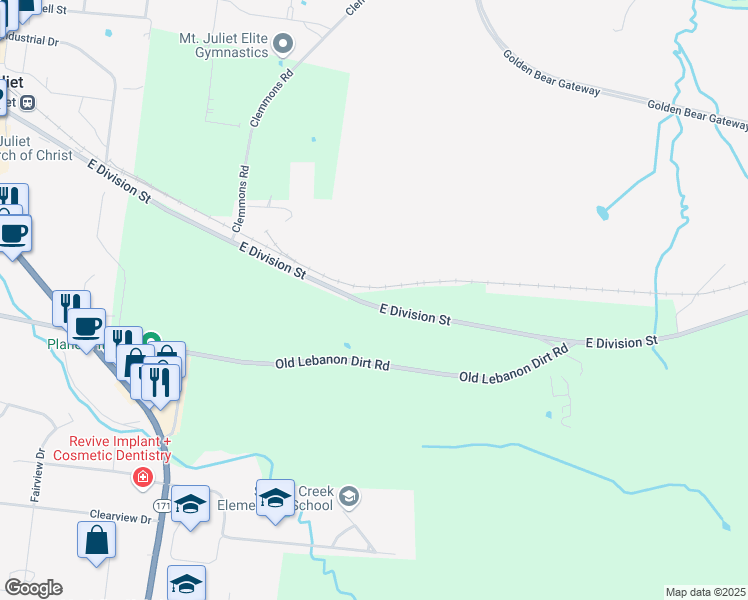 map of restaurants, bars, coffee shops, grocery stores, and more near 1175 East Division Street in Mt. Juliet