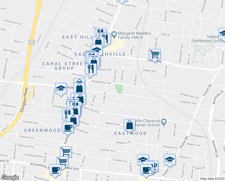 map of restaurants, bars, coffee shops, grocery stores, and more near 1410 Douglas Avenue in Nashville