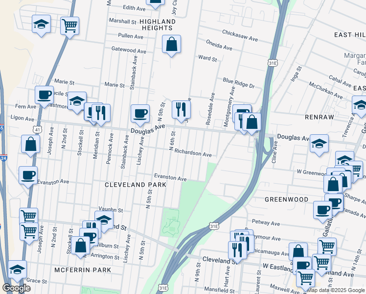 map of restaurants, bars, coffee shops, grocery stores, and more near 610 Richardson Avenue in Nashville
